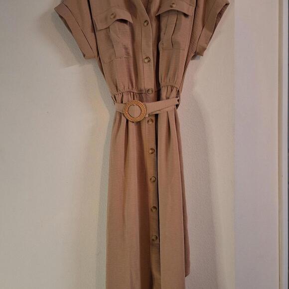 Beige Button-Down Midi Dress with Belt - Picture 1 of 4